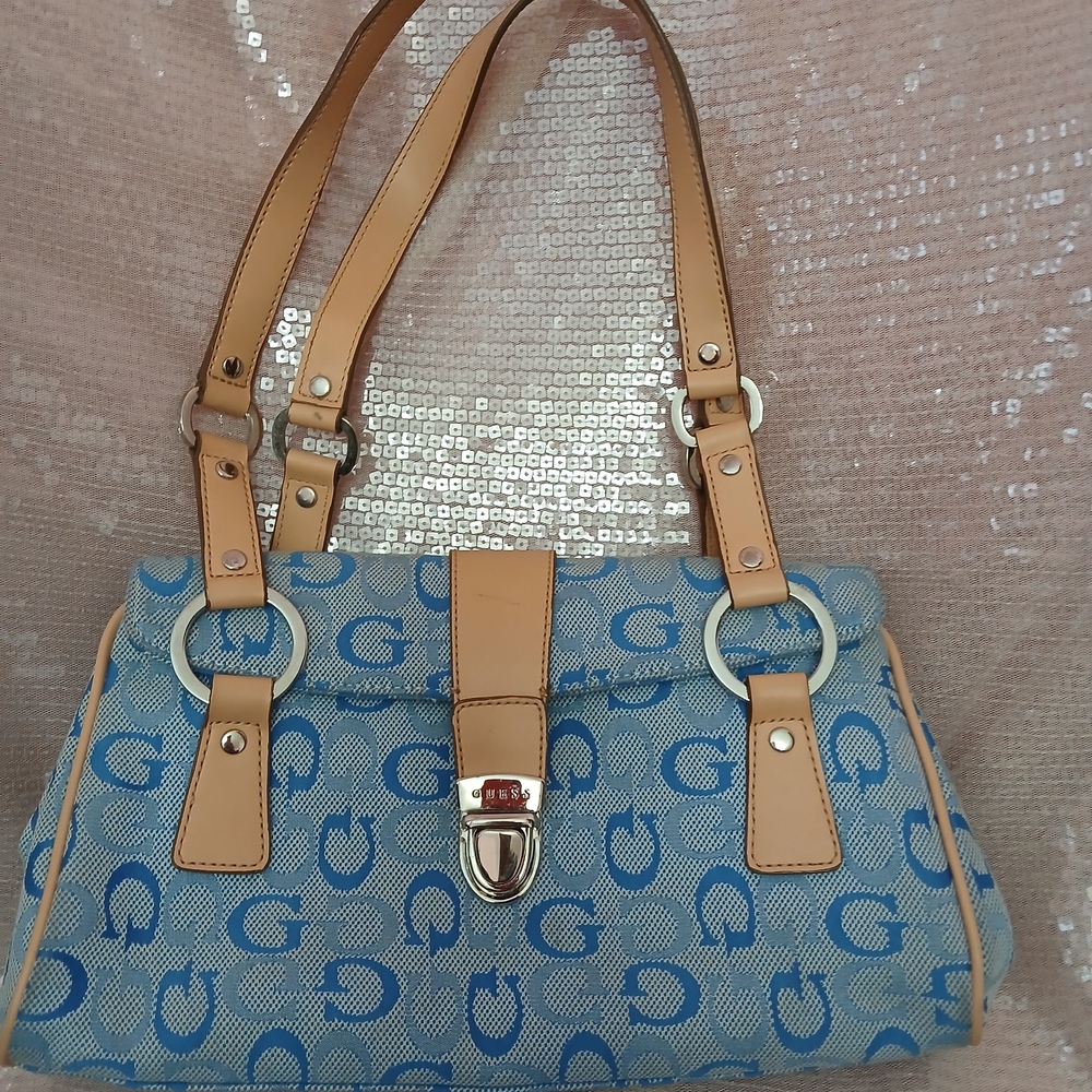 Guess Blue and Tan Shoulder Bag
